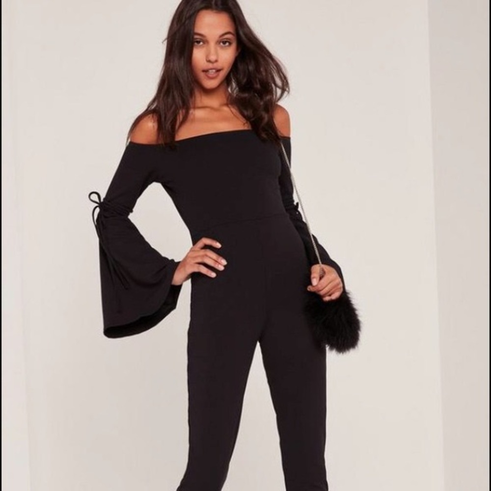 Missguided Bardot Tie Bell Sleeve Jumpsuit Black